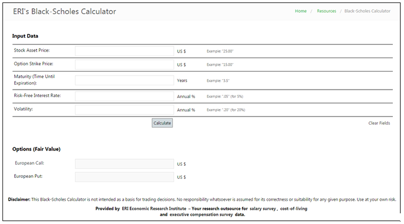 ERI's Black-Scholes Calculator