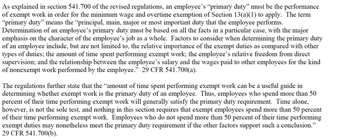 DOL opinion letter on how to determine a primary duty or essential function.