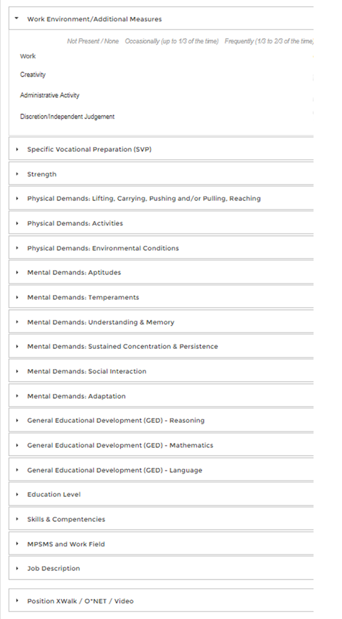Summary example of the work environment criteria for a disability determination.