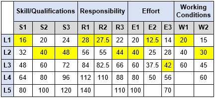 table showing levels, factors and subfactors with weighted points for all combinations of level and factor